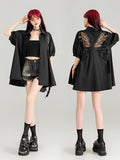 Sheer Black Short-Sleeve Shirt with Intricate Butterfly Embroidery | ZAKAPOP