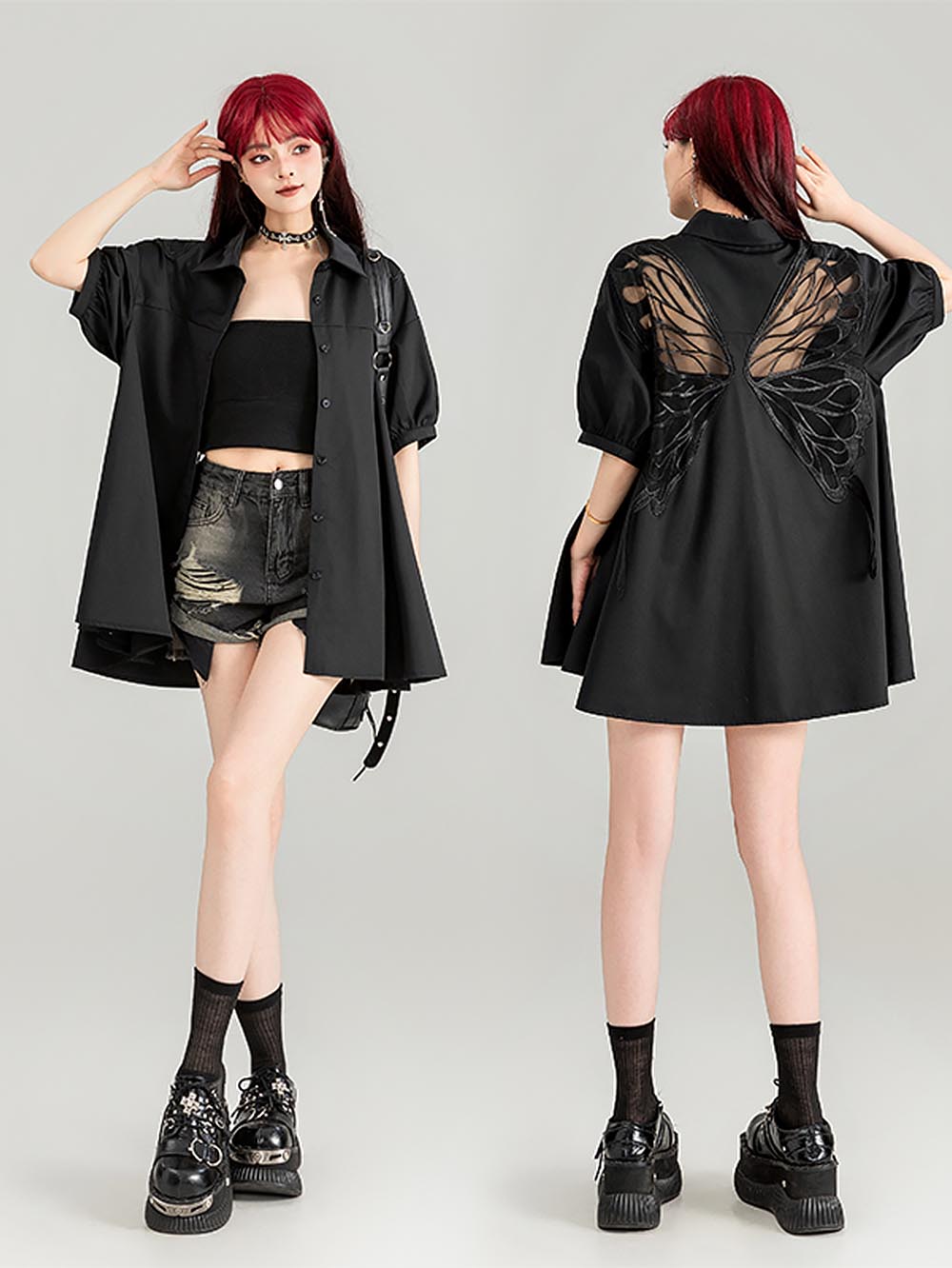 Sheer Black Short-Sleeve Shirt with Intricate Butterfly Embroidery | ZAKAPOP