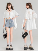 Sheer Black Short-Sleeve Shirt with Intricate Butterfly Embroidery | ZAKAPOP