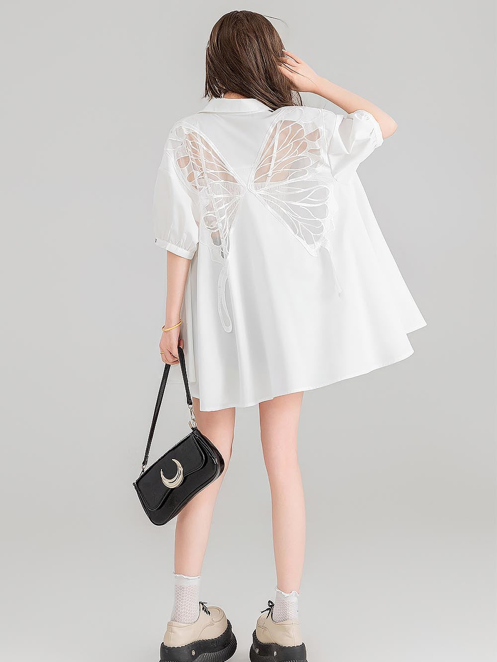 Sheer Black Short-Sleeve Shirt with Intricate Butterfly Embroidery | ZAKAPOP