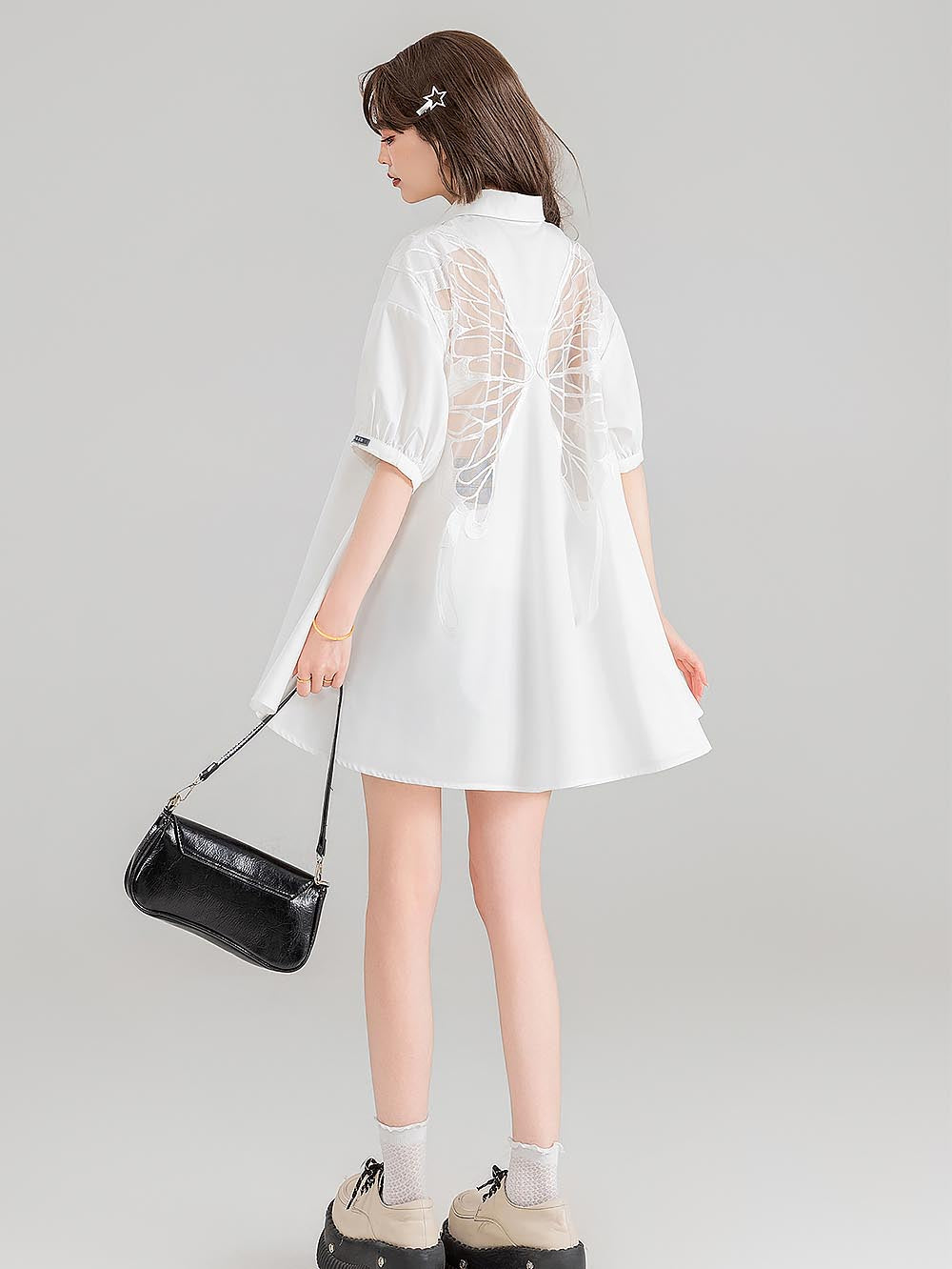 Sheer Black Short-Sleeve Shirt with Intricate Butterfly Embroidery | ZAKAPOP