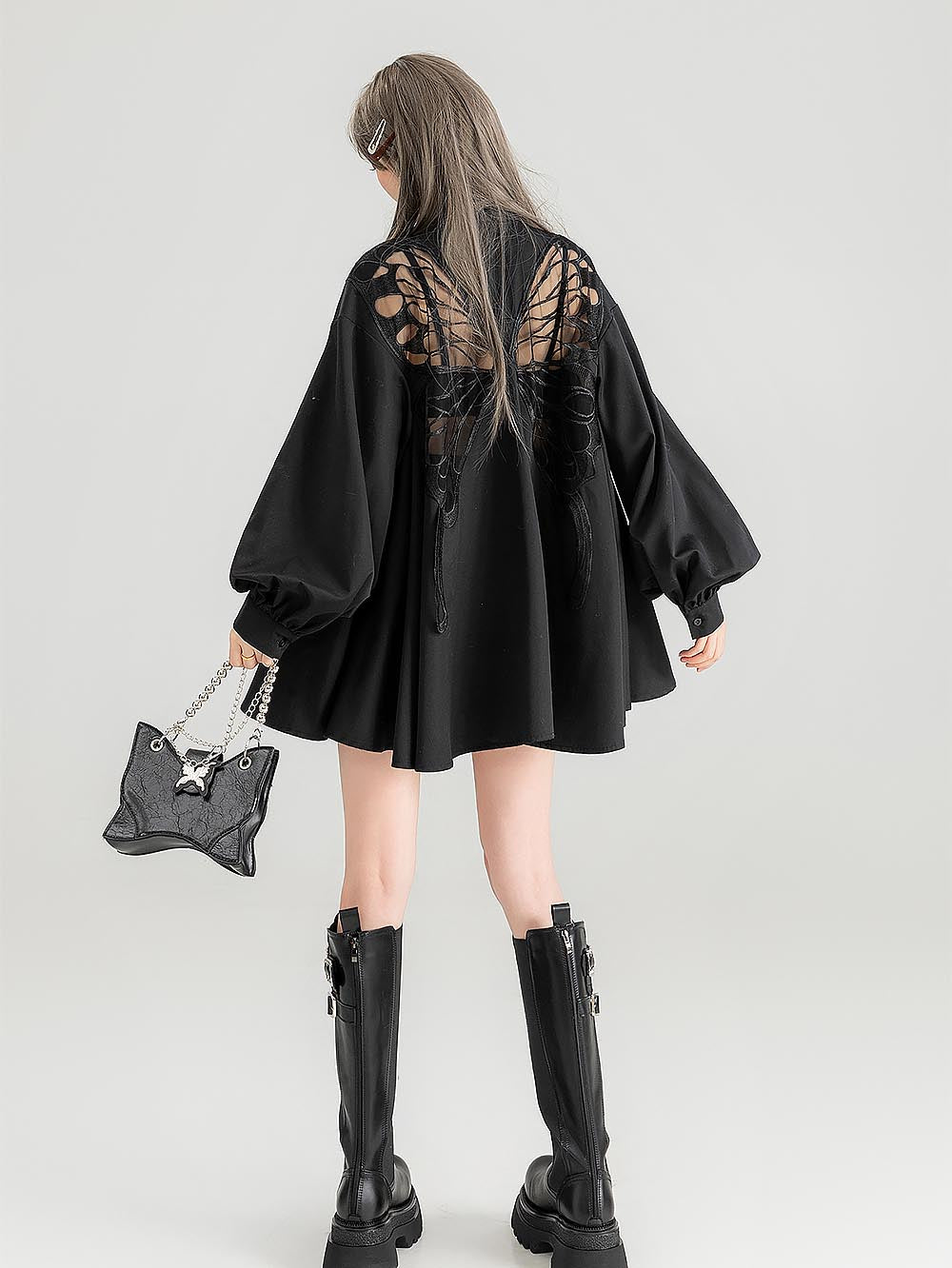 Sheer Black Short-Sleeve Shirt with Intricate Butterfly Embroidery | ZAKAPOP