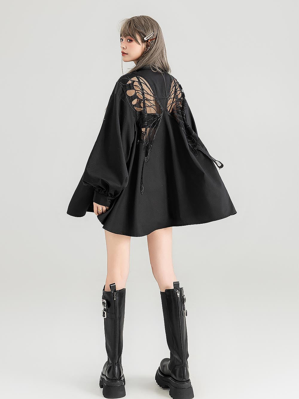 Sheer Black Short-Sleeve Shirt with Intricate Butterfly Embroidery | ZAKAPOP
