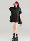 Sheer Black Short-Sleeve Shirt with Intricate Butterfly Embroidery | ZAKAPOP