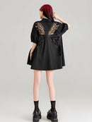 Sheer Black Short-Sleeve Shirt with Intricate Butterfly Embroidery | ZAKAPOP