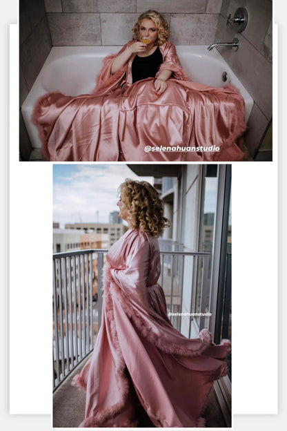 Luxury Satin Feather Bridal Robe | Victorian Style Wedding &amp; Photoshoot Robe