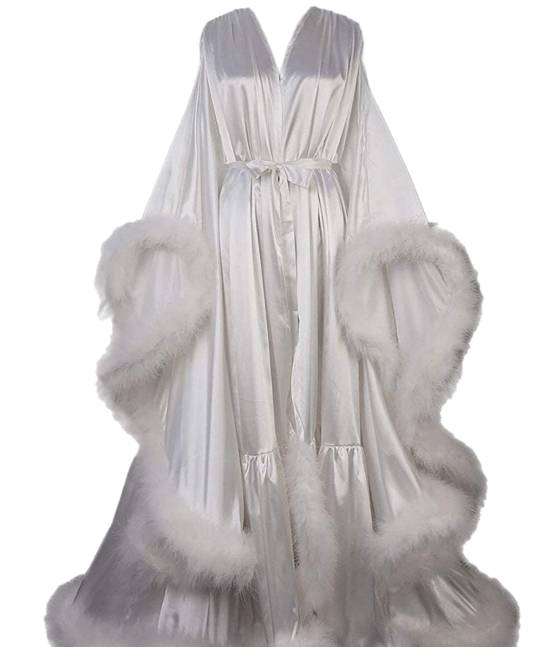 Luxury Satin Feather Bridal Robe | Victorian Style Wedding &amp; Photoshoot Robe