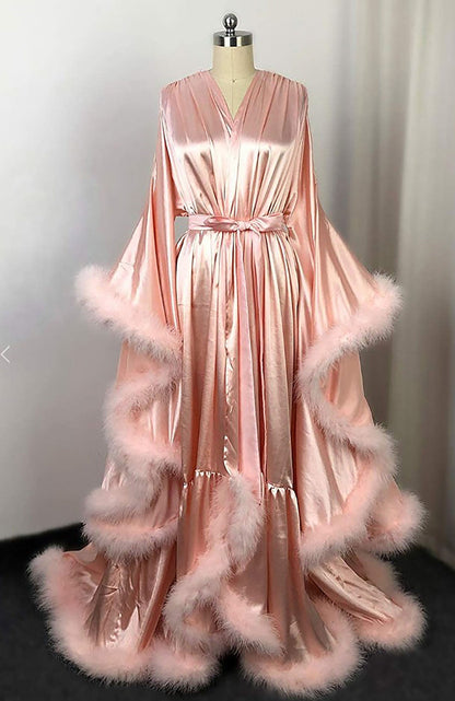 Luxury Satin Feather Bridal Robe | Victorian Style Wedding &amp; Photoshoot Robe