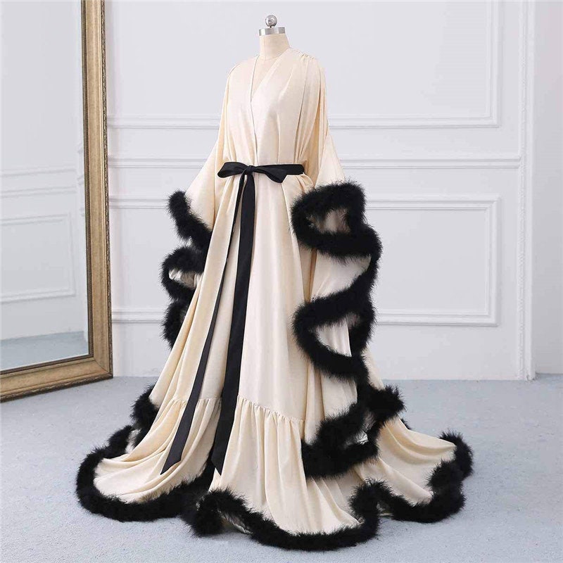 Luxury Satin Feather Bridal Robe | Victorian Style Wedding &amp; Photoshoot Robe