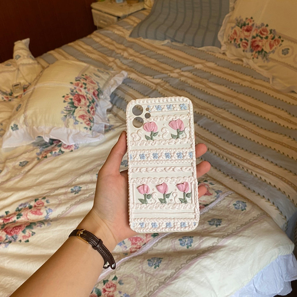 Handmade Tulip 3D oil painting retro cream mobile phone case (customizable) | ZAKAPOP