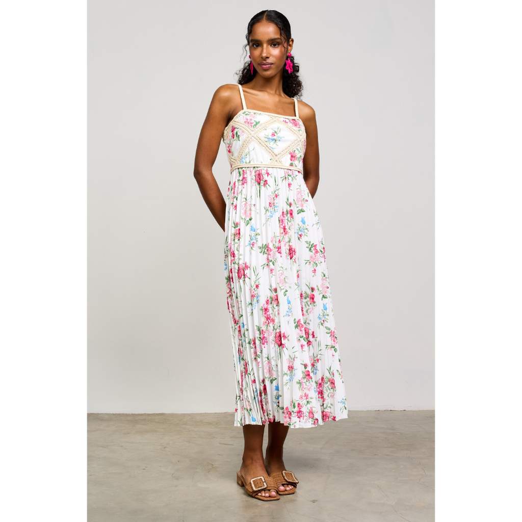 Printed Crochet Patch Pleated Dress