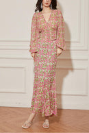 V-Neck Balloon Sleeve Pink Floral Skirt Set | ZAKAPOP