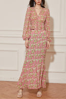 V-Neck Balloon Sleeve Pink Floral Skirt Set | ZAKAPOP