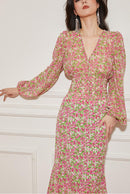V-Neck Balloon Sleeve Pink Floral Skirt Set | ZAKAPOP