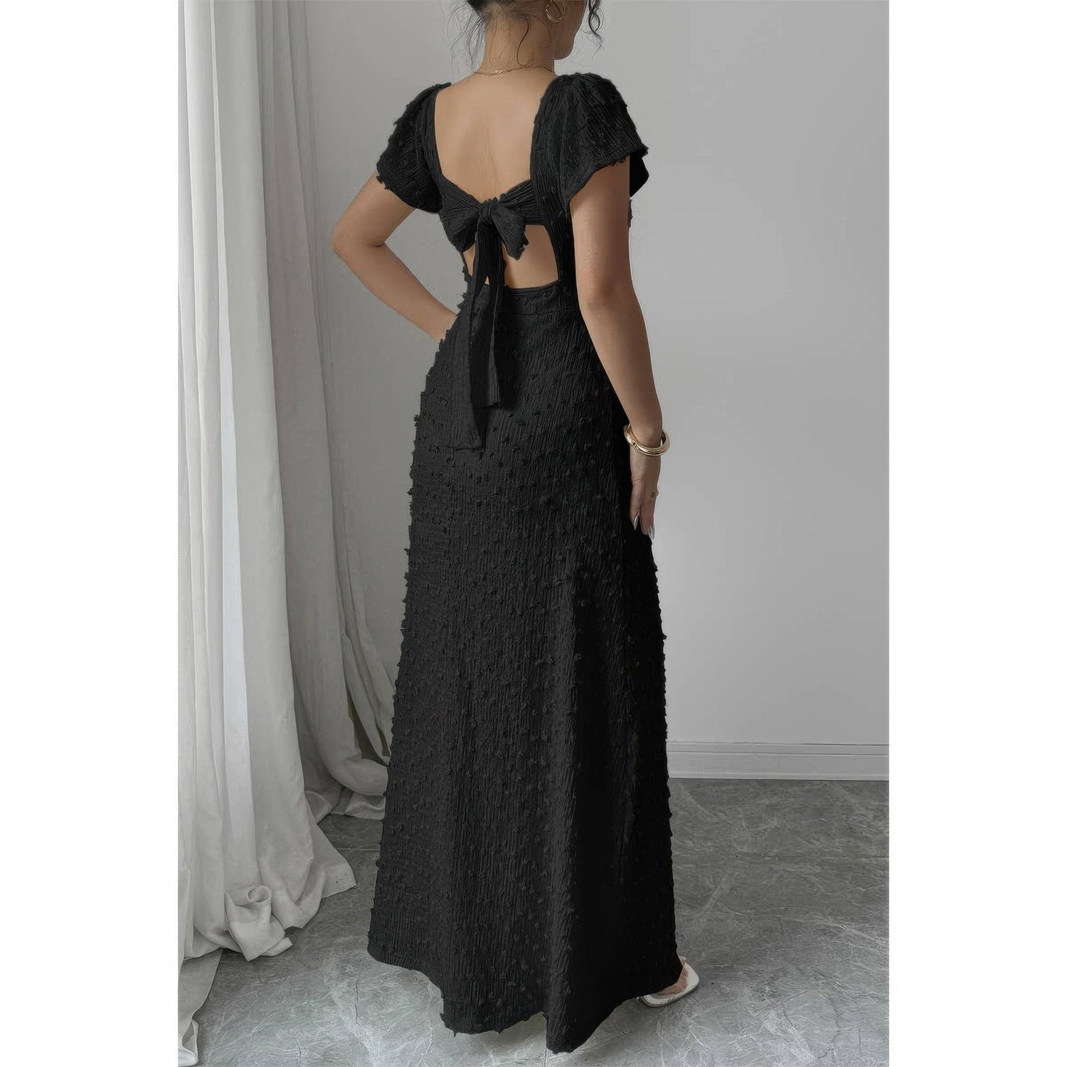 Swiss Dot Lace V Neck A Line Knot Back Dress