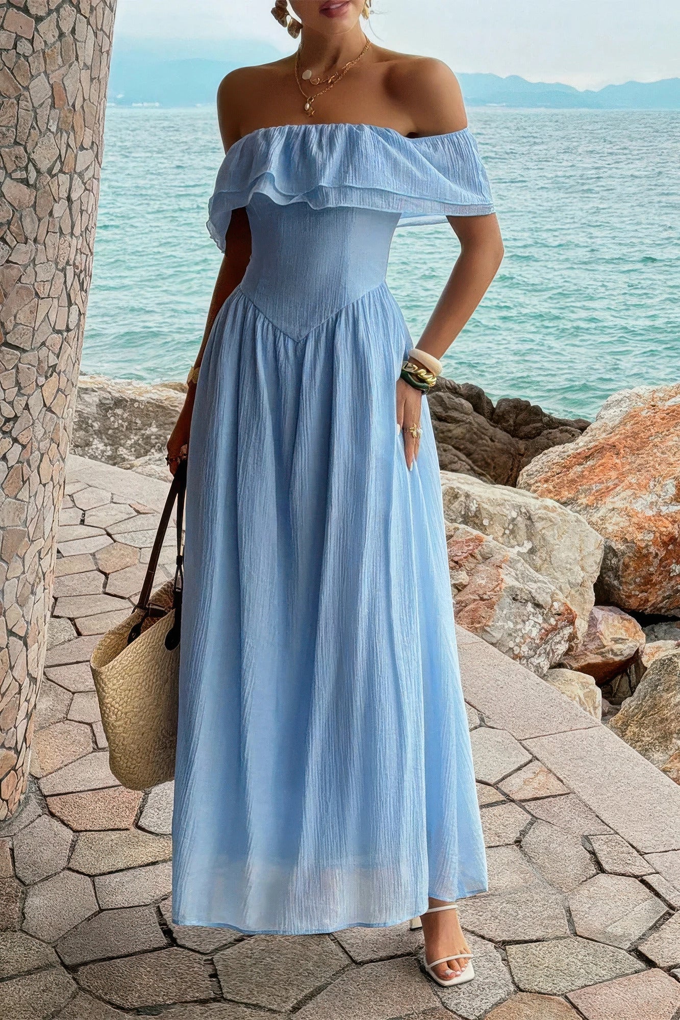 Solid Off Shoulder Corset Ruffle Long Dress