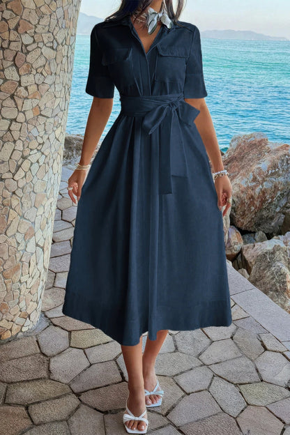 Solid Pocket Turn Down Collar A Line Dress