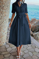 Solid Pocket Turn Down Collar A Line Dress