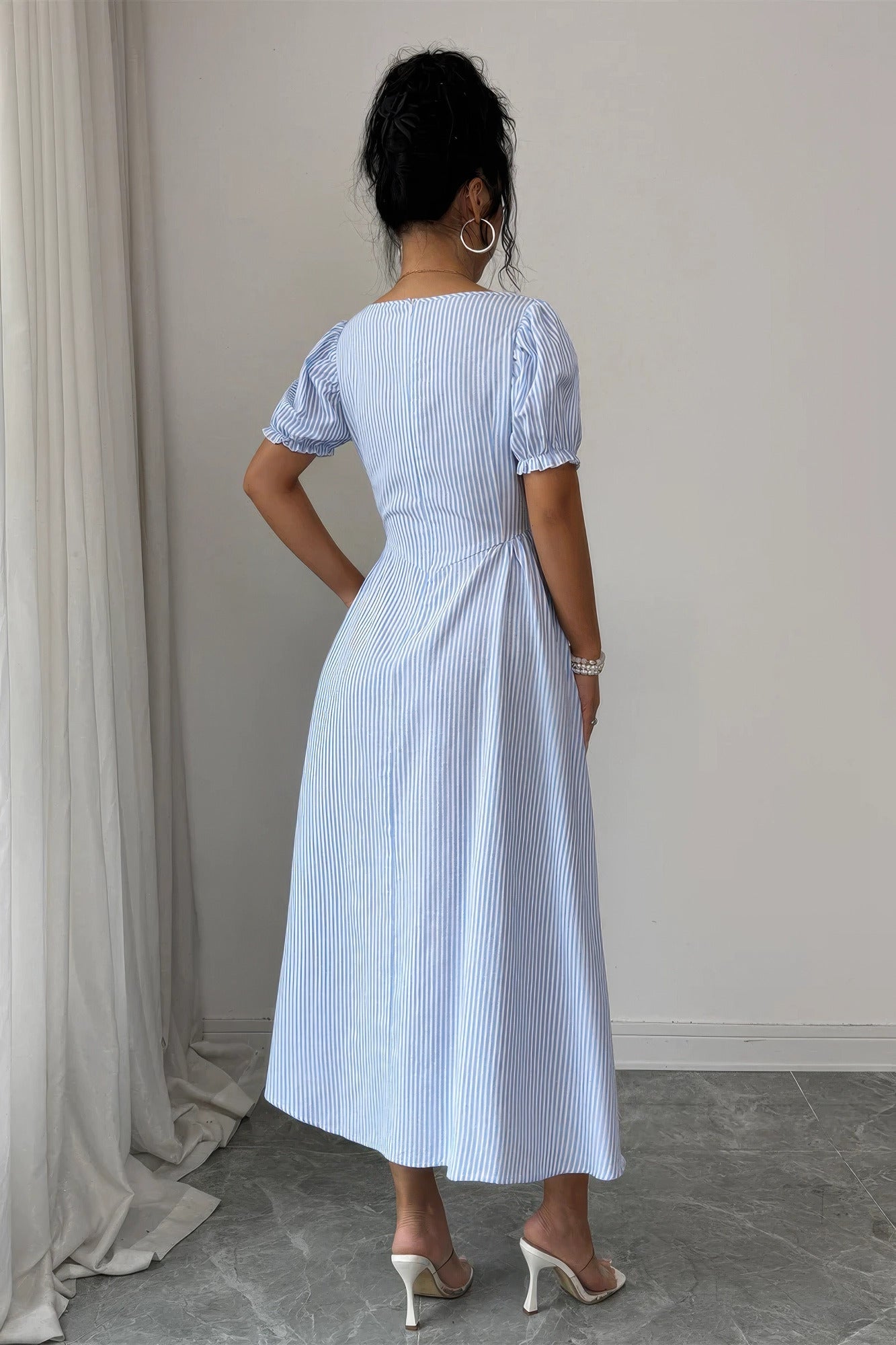 Square Neck Puff Sleeve Backless Bow Tied Striped Flowy Dress