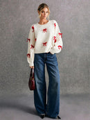 Women Cute Red Bow Decor Christmas Sweater | ZAKAPOP