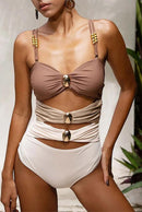 Women One Piece Color Block Cutout Padded Swimsuit Set | ZAKAPOP