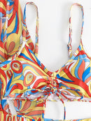 Women's Geometric Print Three-Piece Set Swimsuit with Long-Sleeve Hoodie | ZAKAPOP
