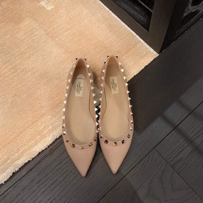 Women's Genuine Calfskin Leather Pointed Toe Studded Flats | ZAKAPOP