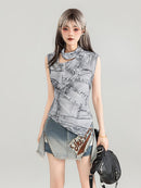 Y2K Slimming Faux Denim Print Tank Top | ZAKAPOP