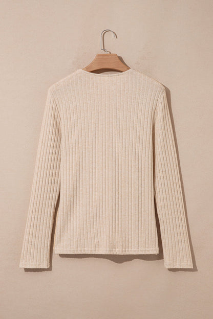 Solid Ribbed Knit Cowl Neck Long Sleeve Top