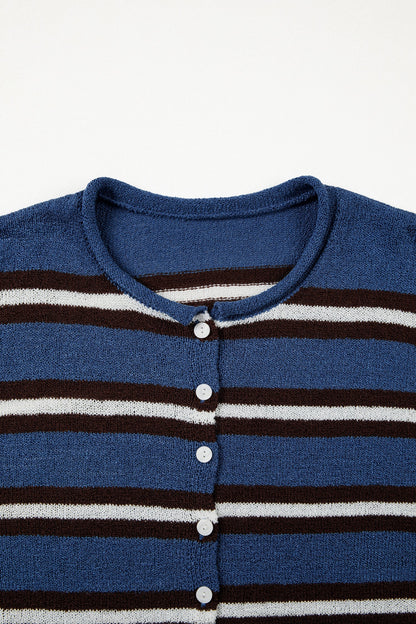 Stripe Drop Shoulder Buttoned Knit Cardigan