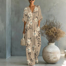 Women's Waist-Cinched V-Neck Printed Wide-Leg Jumpsuit