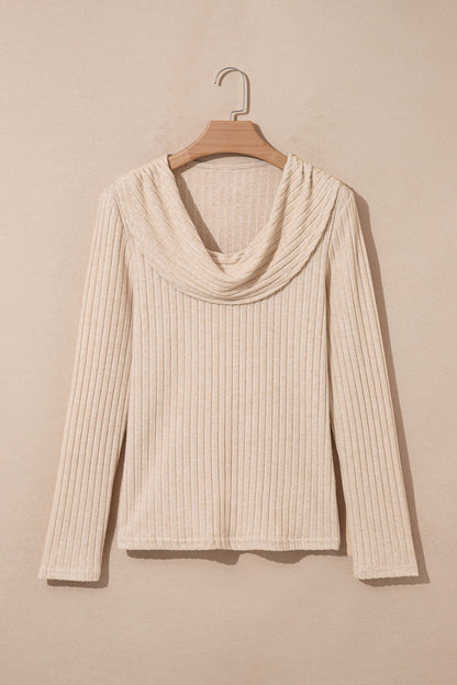 Solid Ribbed Knit Cowl Neck Long Sleeve Top