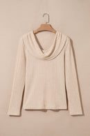 Solid Ribbed Knit Cowl Neck Long Sleeve Top