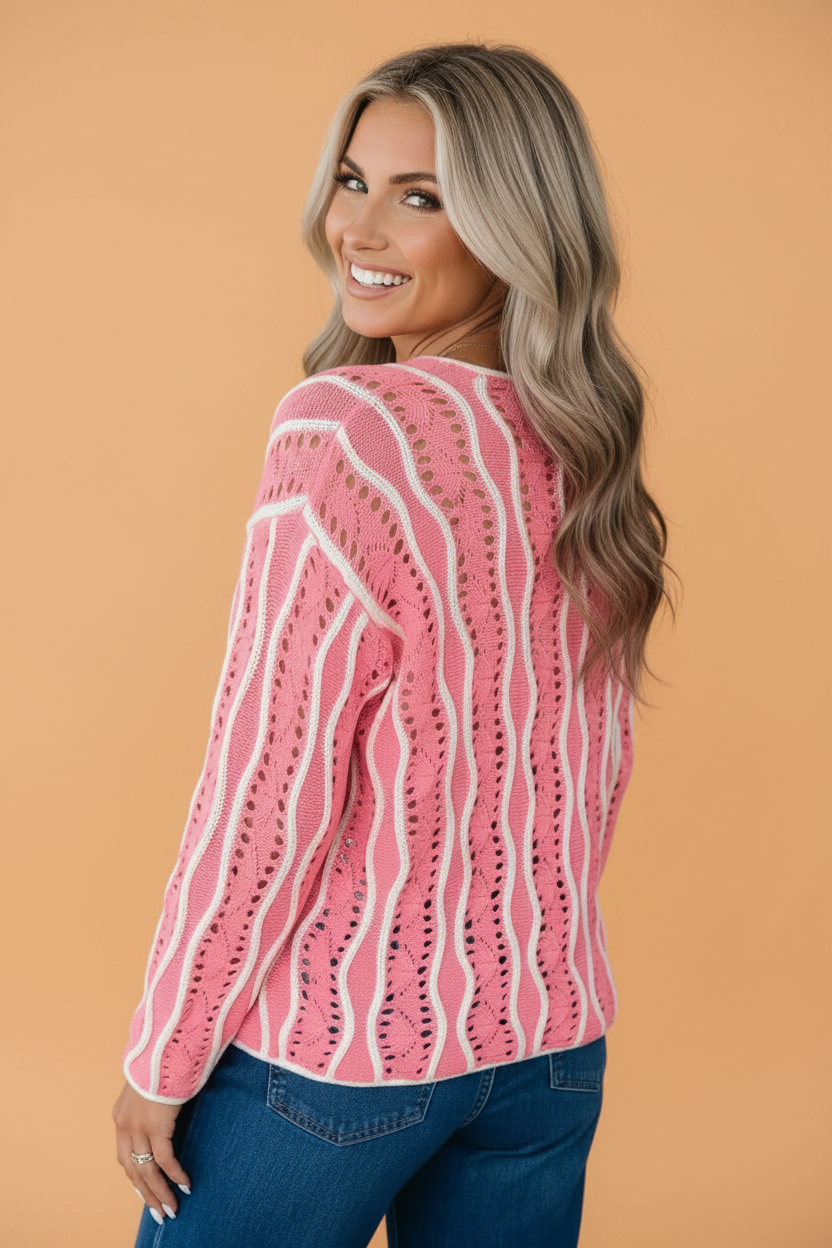 Wavy Colorblock Pointelle Knit Sweater