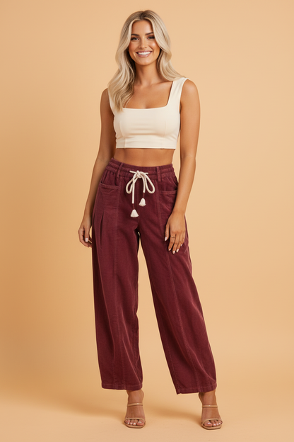 Corduroy Drawstring Waist Pleated Straight Leg Pants