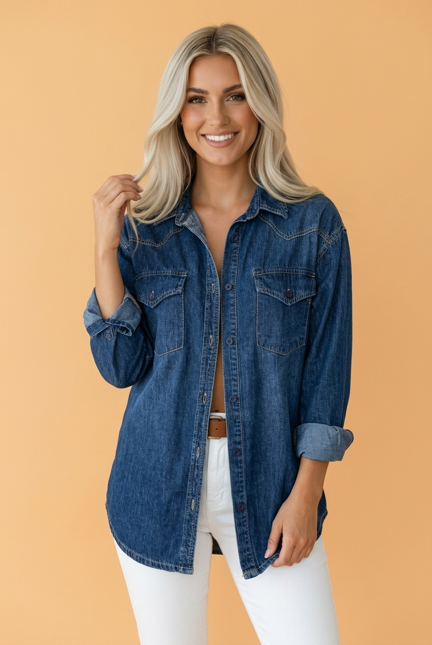 Western Denim Shirt with Patch Pockets