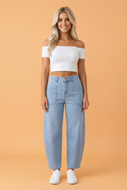 Solid Denim Barrel Jeans with Square Patch Pockets