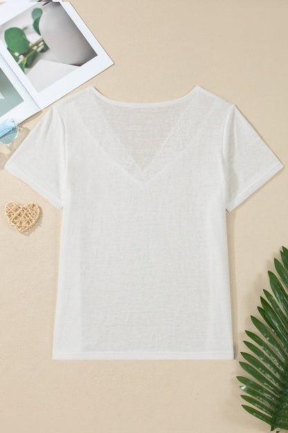 Solid Hollowed Lace Trim V-Neck T-Shirt