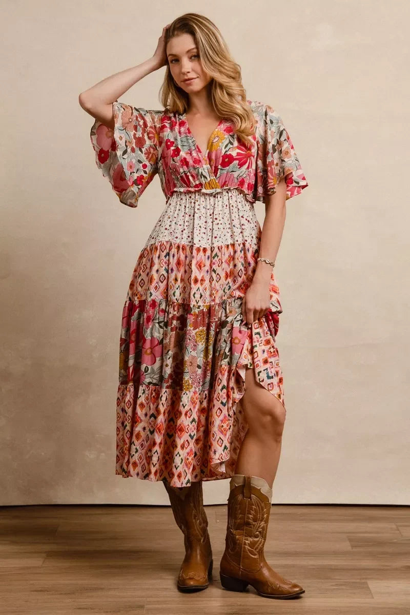 BiBi Floral Print Mix and Match Midi Dress