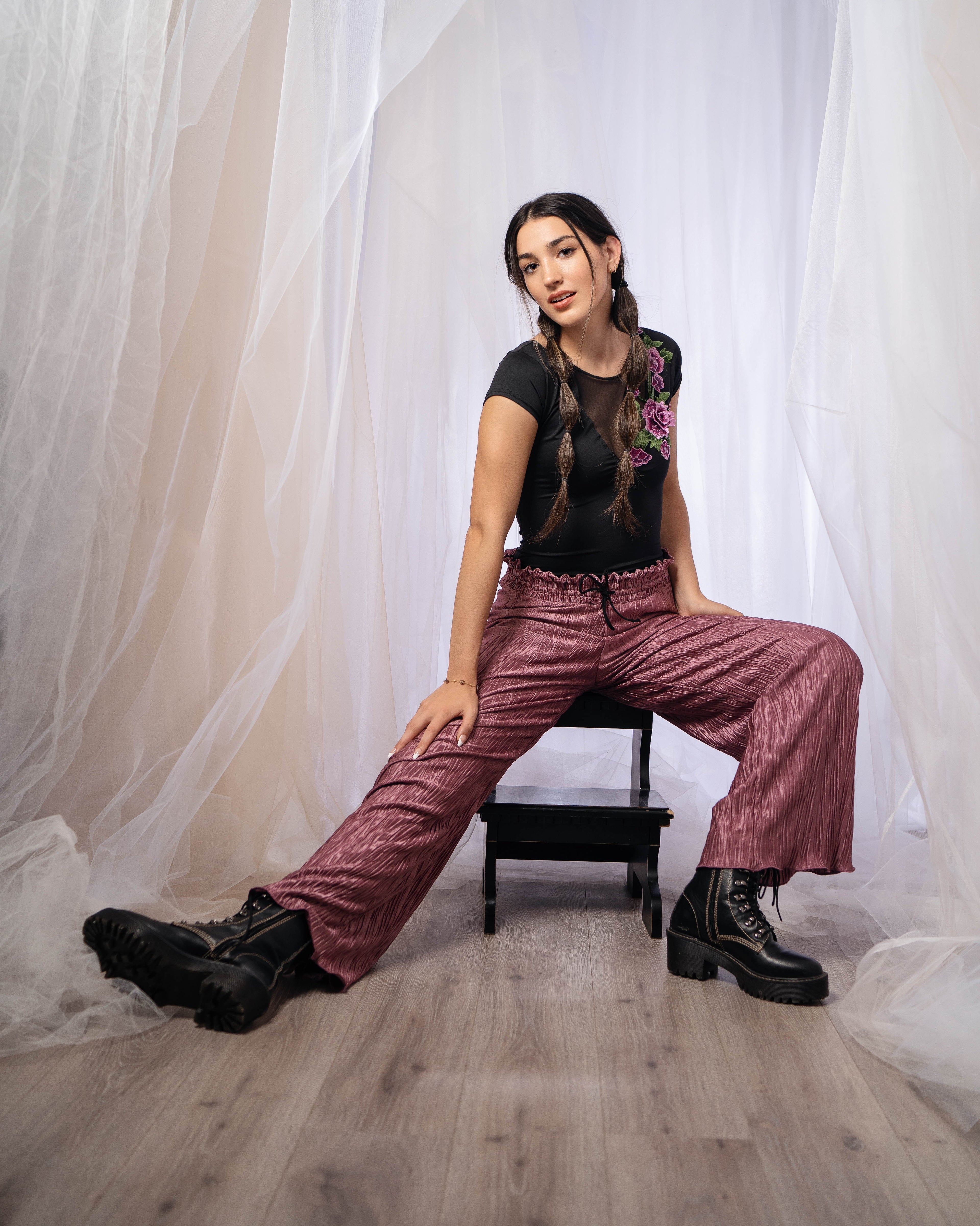 Purple Pleated Wide Leg Dance Pants