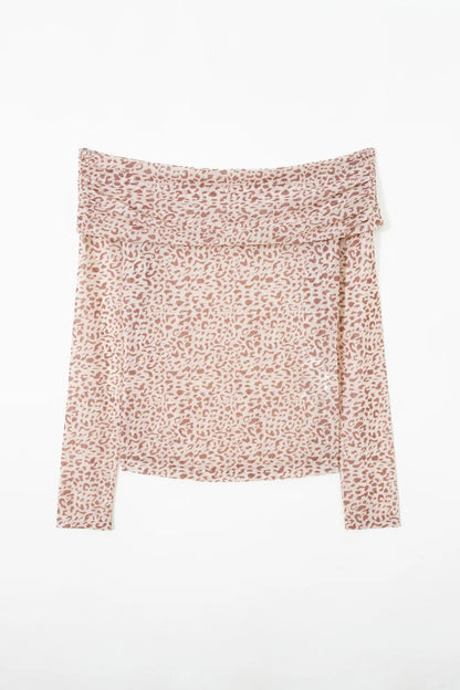 Leopard Mesh Off-Shoulder Long Sleeve Top