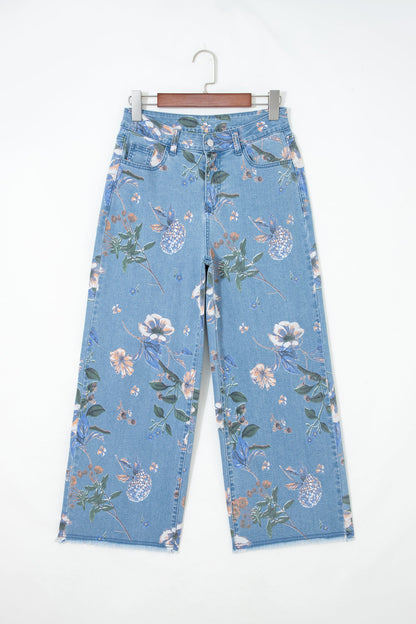 Floral Print Frayed Hem Ankle Jeans