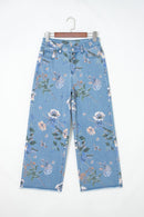 Floral Print Frayed Hem Ankle Jeans