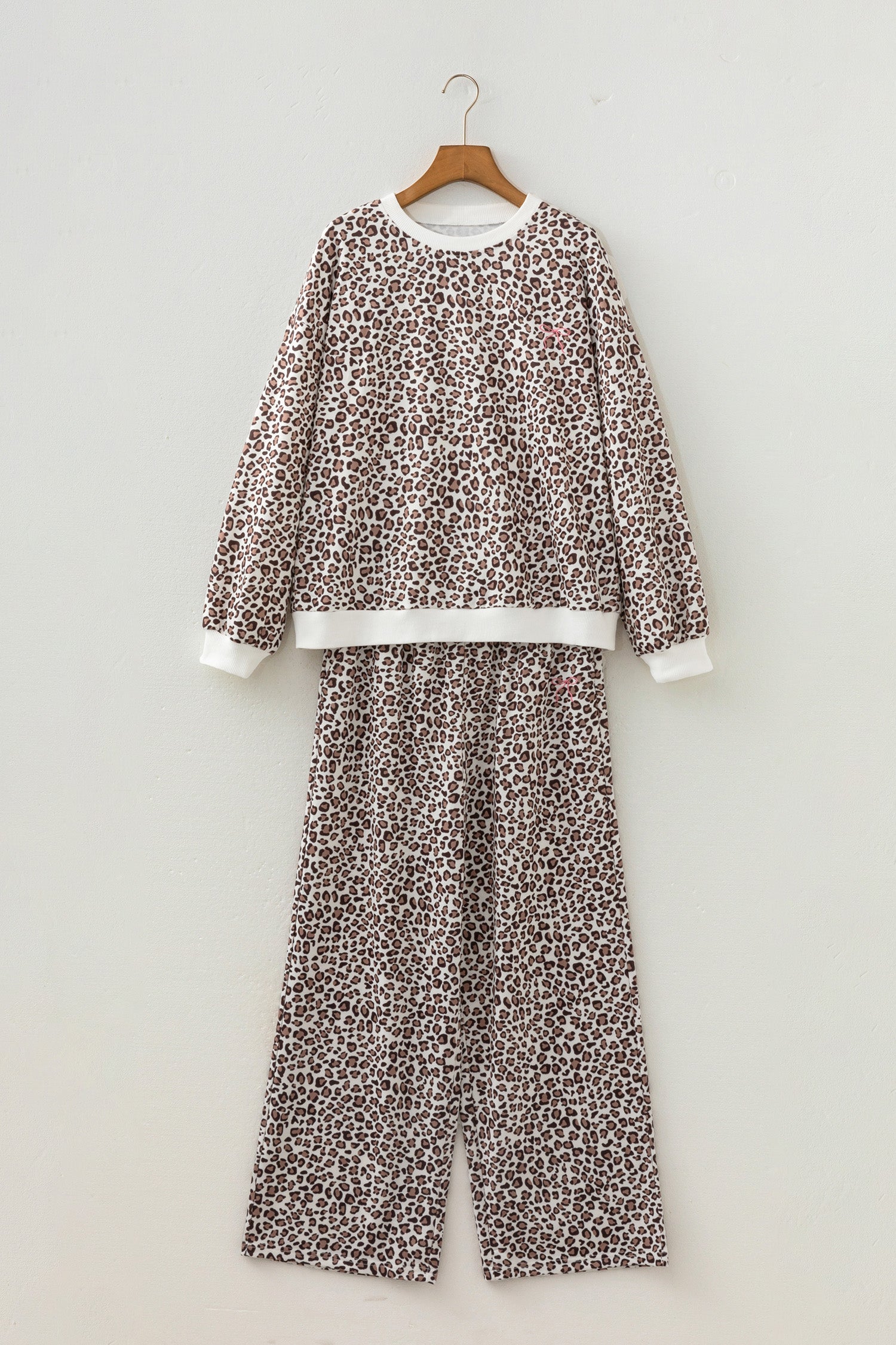 Leopard Bow Embroidered Colorblock Top &amp; Pants Set
