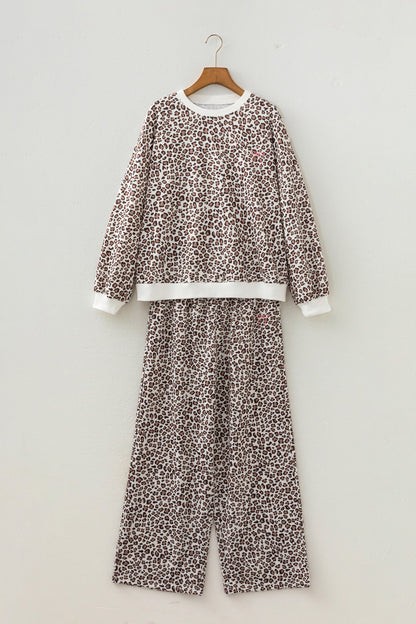 Leopard Bow Embroidered Colorblock Top &amp; Pants Set