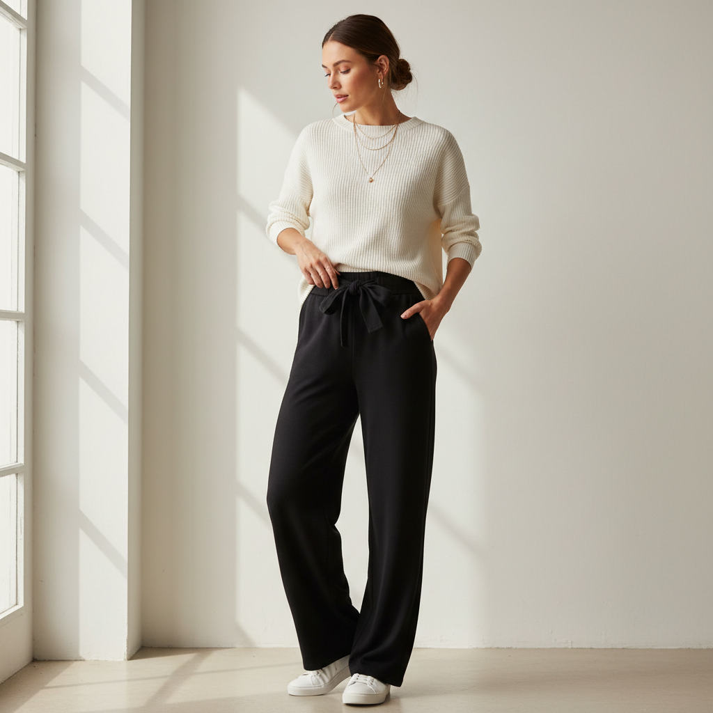 Woman wearing black relaxed French Terry bow-accent jogger pants in a casual chic lifestyle setting