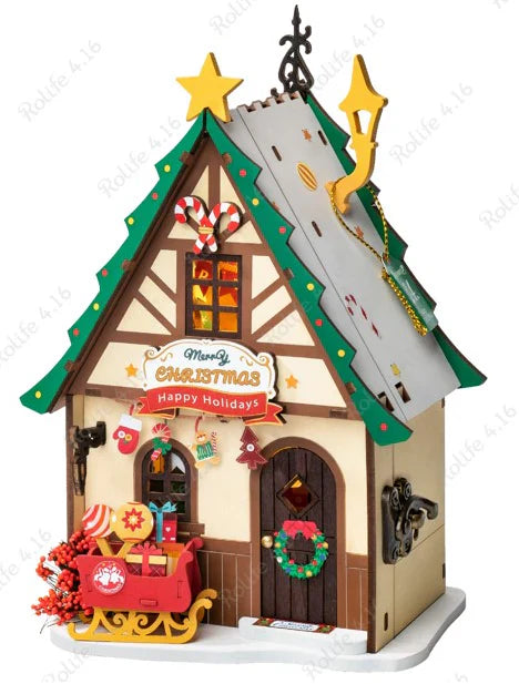 Robotime Twinkling Christmas House – DIY 3D Wooden Miniature Model Kit | DIY Craft Kit for Adults & Teens