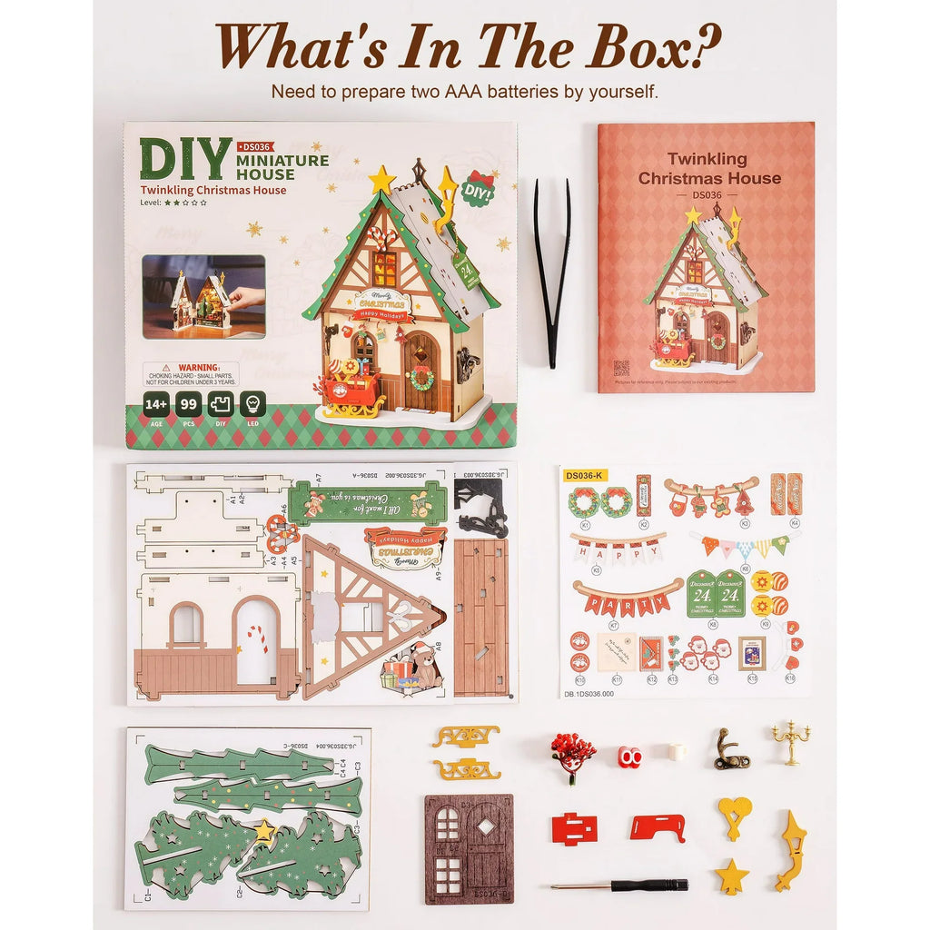 Robotime Twinkling Christmas House – DIY 3D Wooden Miniature Model Kit | DIY Craft Kit for Adults & Teens