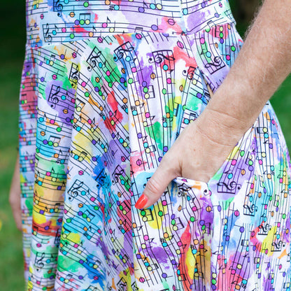 Adult "Staff Meeting" Rainbow Music Notes Super Twirler Dress with Pockets