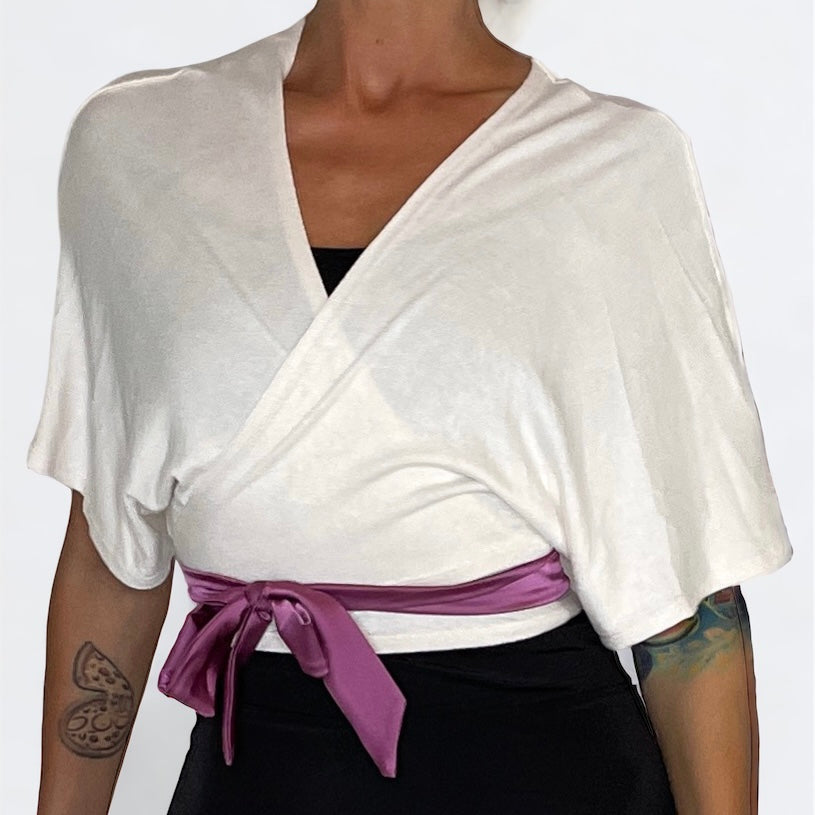 Luxe Cropped Sweater Knit Wrap Top Ballet Warm Up - Peach Ivory